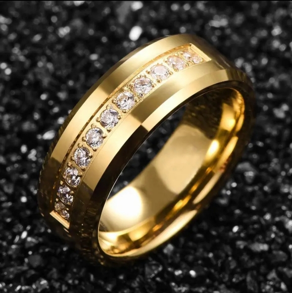 Mens Wedding Band Stainless Steel Gold Plated Ring with High Quality CZ. - Picture 6 of 9
